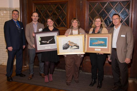 Image of From left to right: CWF Executive Director David Wheeler, renowned wildlife artisit James Fiorentino, 2016 Education Honoree Tanya Sulikowski, 2016 Leadership Honoree Wendy Walsh, 2016 Inspiration Honoree Martha Maxwell-Doyle, and CWF Board of Trustees Member Bob Coleman.